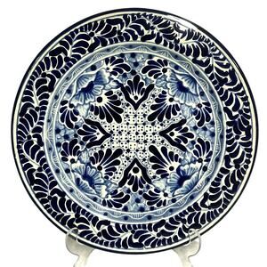 Talavera Puebla Pottery Mexico Cobalt Blue White 12" Charger Plate-Design A